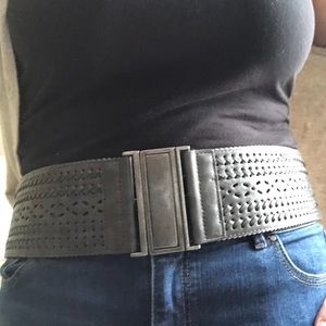 Grey faux leather front, elastic back